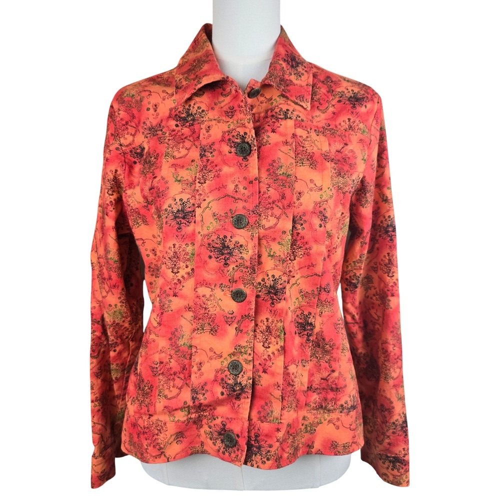 Christopher & Banks Jacket Women Medium Orange Red Floral Linen Blend